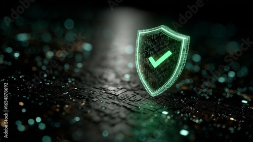 Digital technology background with a green security shield icon, with a check mark, concept for cyber security and data protection technology digital cybersecurity.
