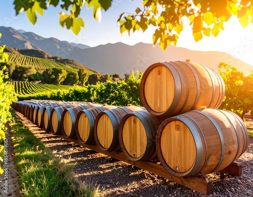 Wine barrels in vineyard at sunset