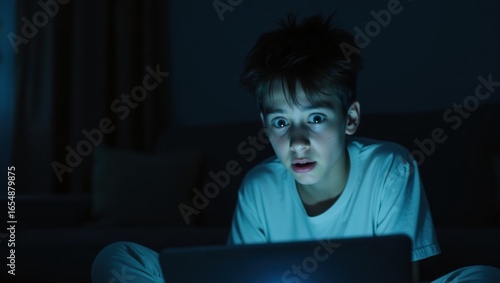 Young boy looking at laptop screen in dark room with shocked expression
