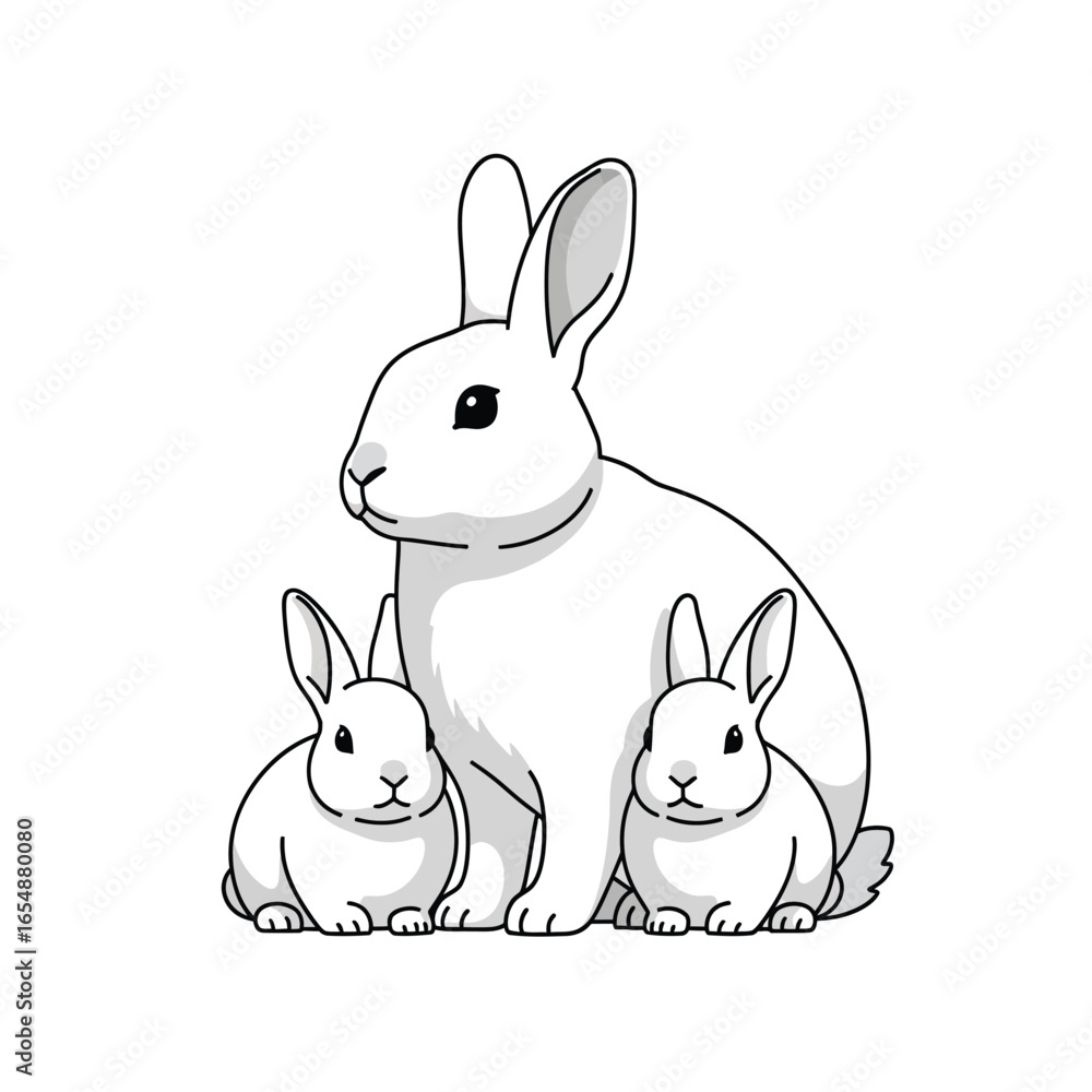 Fototapeta premium A mother rabbit and her two young bunnies, depicted in a simple black and white illustration.