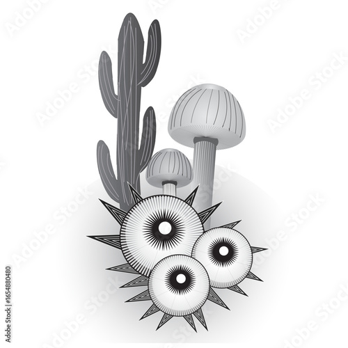 Surreal desert eye cactus and mushroom composition evokes mystery and wonder