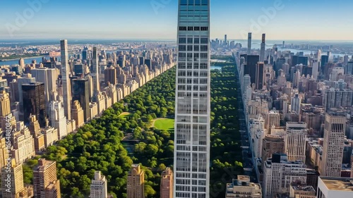 Expansive Central Park Greenery Surrounded by Dense Urban Cityscape Under Clear Blue Sky in New York Aerial View