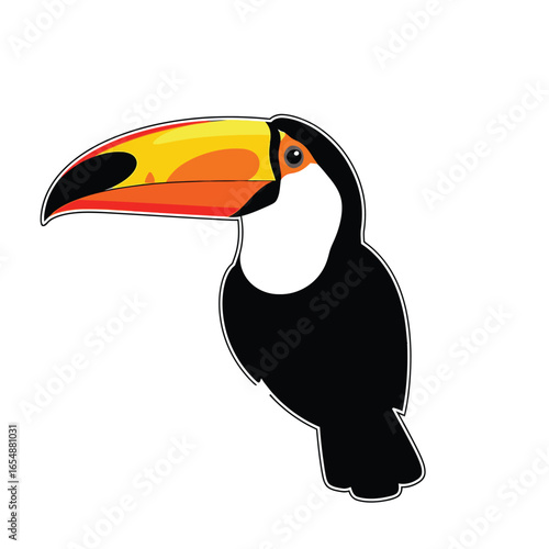 A vibrant toucan illustration, showcasing its large, colorful beak and dark plumage against a white background.
