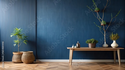 Serene Interior Design Featuring a Deep Blue Wall, Wooden Bench, and Lush Potted Plants