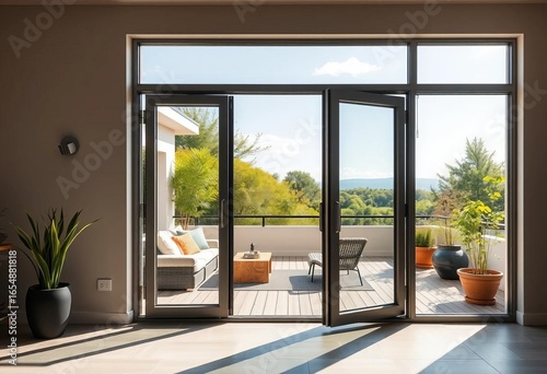 Sleek aluminum folding door opens to sunny terrace,  design,   folding screen
