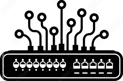 Vector art of network switch icon with multiple ports and connections isolated on white background transparent background