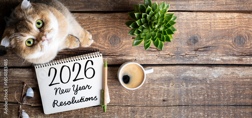 New year resolutions 2026 on desk. 2026 resolutions list with notebook, coffee cup, cute cat on table. Goals, resolutions, plan, cozy, hygge concept. New Year 2026 template, copy space