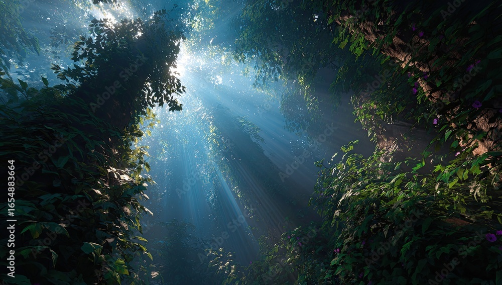 Obraz premium Sunlight filtering through a dense, lush forest