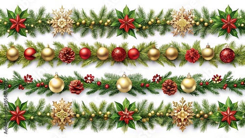 Collection of festive christmas garlands and borders with pine branches, poinsettias, snowflakes, and baubles, isolated on white background