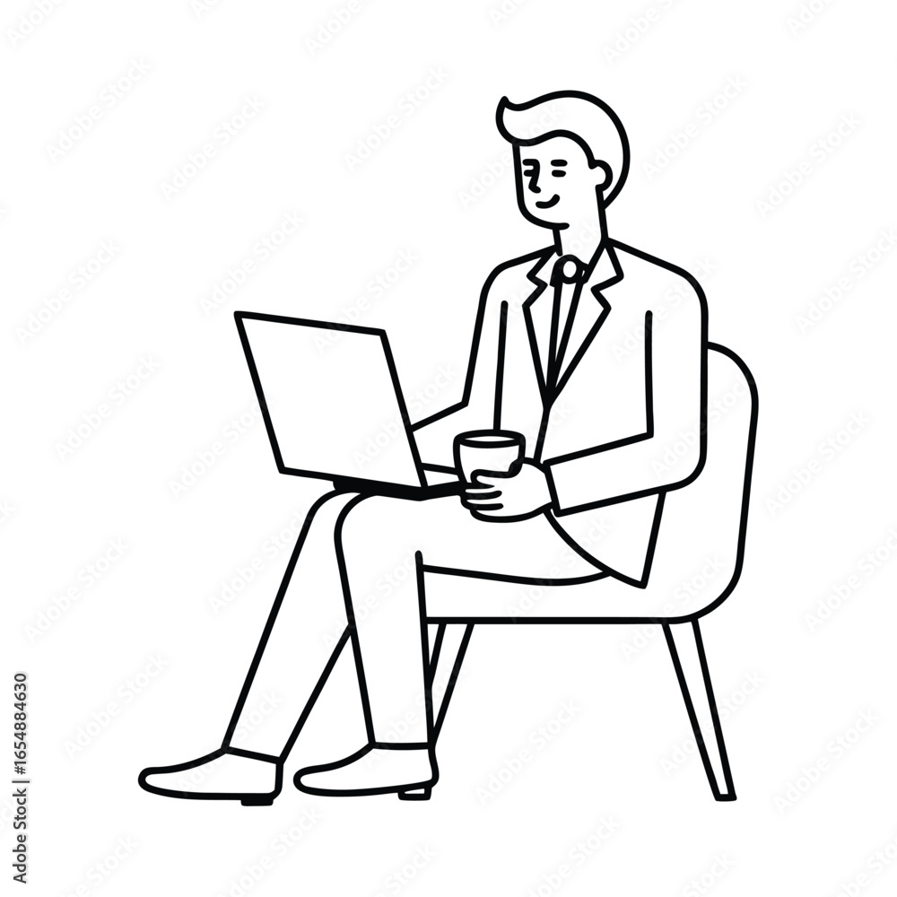 Businessman with coffee working on a laptop in a chair Businessman with coffee working on a laptop in a chair