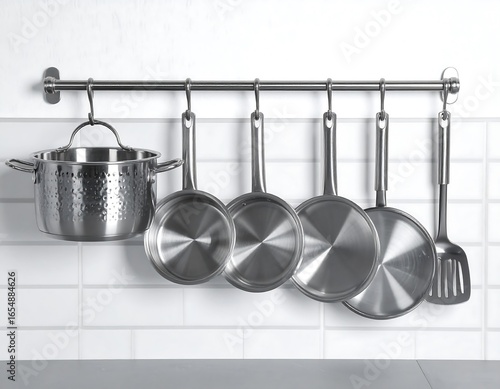 Stainless steel cookware hanging on a kitchen wall