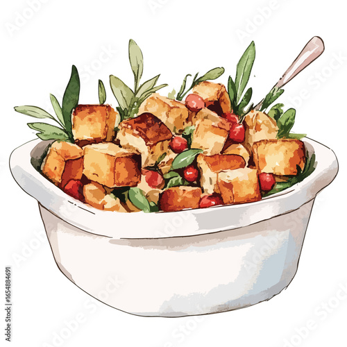 Watercolor Illustration of Bread Salad with Cranberries and Herbs in a Bowl
