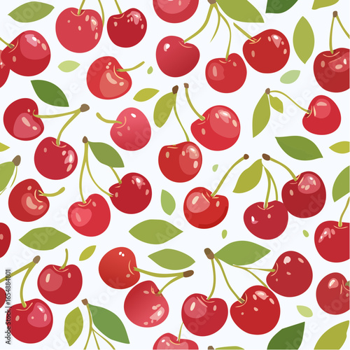 Seamless red cherry pattern on white background, ideal for fruit prints, summer-themed designs, fabrics, wallpapers, wrapping, and vibrant digital projects.