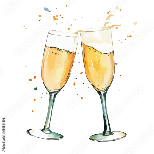 Watercolor Illustration of Champagne Glasses Clinking with Splashes and Bubbles