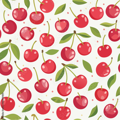 Seamless red cherry pattern on white background, ideal for fruit prints, summer-themed designs, fabrics, wallpapers, wrapping, and vibrant digital projects.