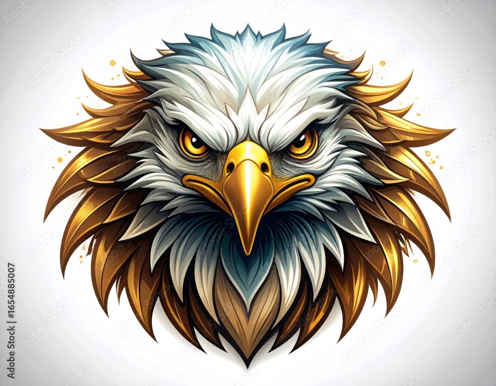 Fototapeta premium Detailed Vector Illustration Of An Eagle Head With Metallic Golden Feathers And Intense Gaze On A White Background