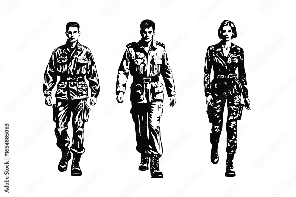 Fototapeta premium Military Fashion Vector Set - Engraved Tactical & Utility Style Illustrations