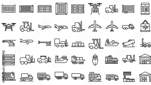 Commercial Vehicles Line Icon Set Vector Pictograms of Cargo Transport – Container, Pallet, Forklift, Plane, Drone, Helicopter, Ship, Train, Truck, Warehouse, Thin Linear Illustration
