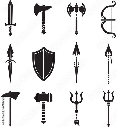 Black silhouette icons of medieval weapons sword axe bow spear shield hammer trident arrow