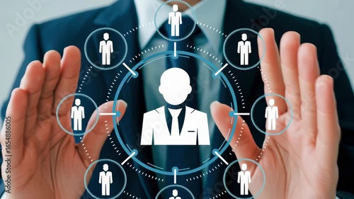 Businessman protecting digital human resources network with holographic interface.