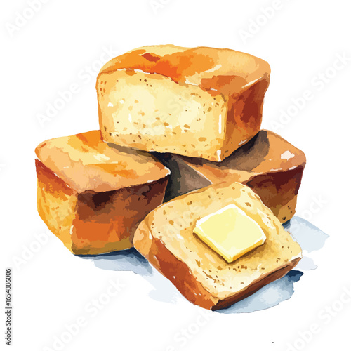 Watercolor Illustration of Stacked Bread Loaves with Butter Square on Top Slice