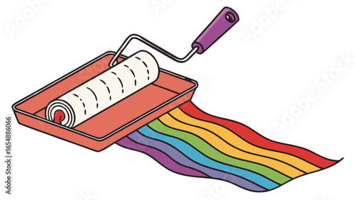 A paint roller in a tray with a rainbow of paint coming out of it in a cartoon style image for decor