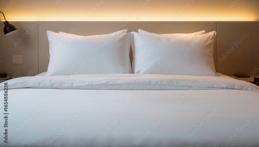 Obraz premium Neatly Made Hotel Bed With Crisp White Sheets And Fluffy Pillows In Cozy Modern Room