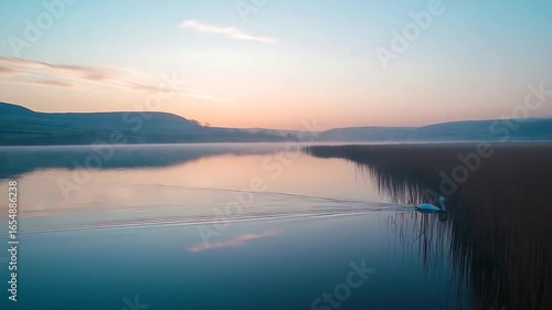 Wallpaper Mural Serene Swan Glides Across Misty Lake at Dawn, Reflecting Pastel Sky and Rolling Hills Torontodigital.ca