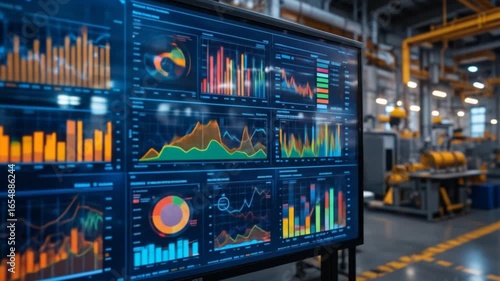 Data visualization on a digital screen displays energy consumption patterns in a modern industrial facility. Dynamic graphs and charts illustrate trends and analytics. 4k video