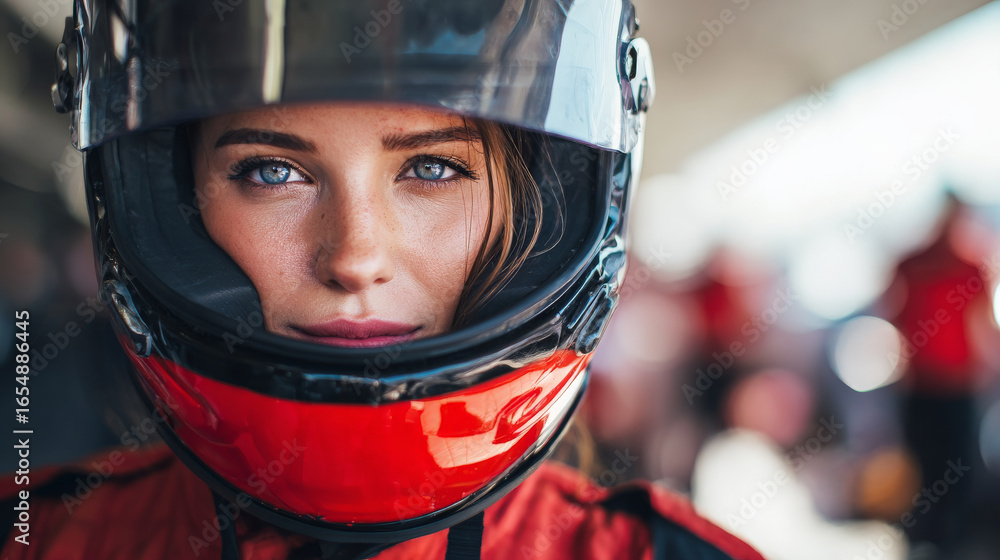 Focused and determined female race car driver wearing helmet and red racing suit. Portrait of confident woman getting ready for professional sport competition Focused and determined female race car driver wearing helmet and red racing suit. Portrait of confident woman getting ready for professional sport competition