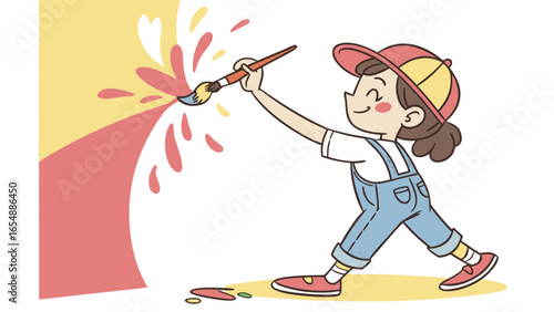 Girl with cap painting a wall with red and yellow paint using a brush in a playful cartoon style