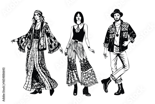 Bohemian Fashion Woodcut Vector Set - Engraved Boho & Hippie Style Illustrations
