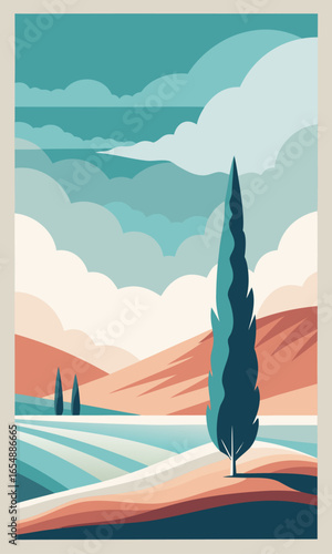 Vintage-inspired vector scene of a cypress under a soft sky, using muted tones and screen-print aesthetics for a timeless travel destination feel