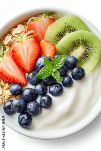 Healthy Breakfast Bowl with Yogurt Strawberries Kiwi Blueberries and Granola Top View Studio Shot