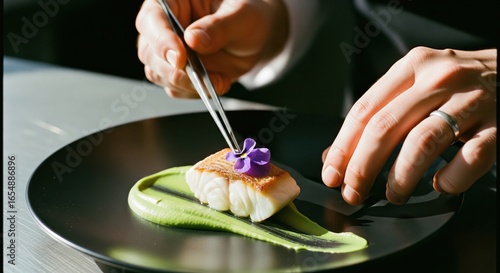 Chef plating a gourmet fish dish with an edible flower