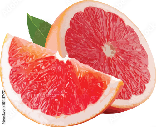 Two Slices of Pink Grapefruit with Green Leaf citrus