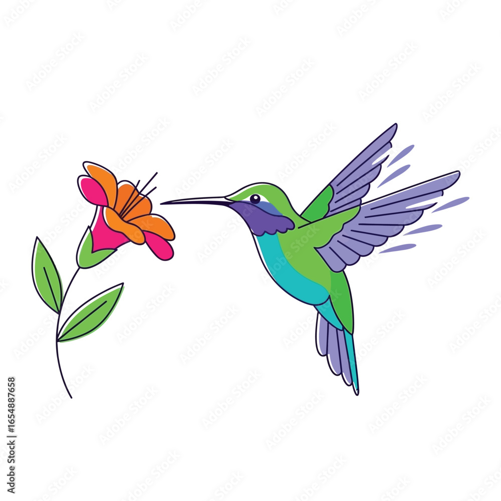 Obraz premium Colorful hummingbird in flight, feeding on a vibrant flower.