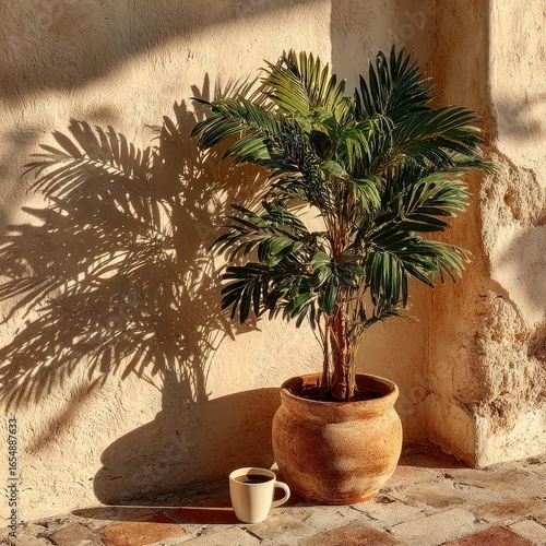 Palm plant in terracotta pot, sunlight shadows
