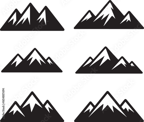 Mountain range silhouette icons set with snow capped peaks and sharp edges mountains summit