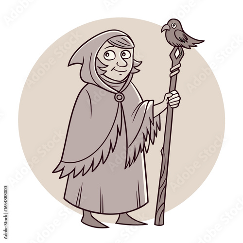 Cartoon wizard with a bird on a staff and a neutral background magic raven