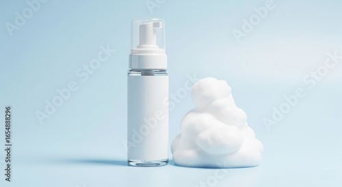 Cosmetic foam pump bottle mockup with blank label on blue background