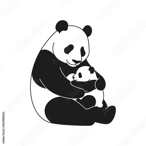 A panda bear lovingly embraces its cub, showcasing a tender moment of maternal affection.