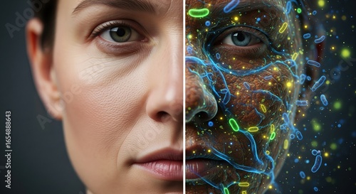 Woman's face with a microscopic view of skin microbiome and bacteria