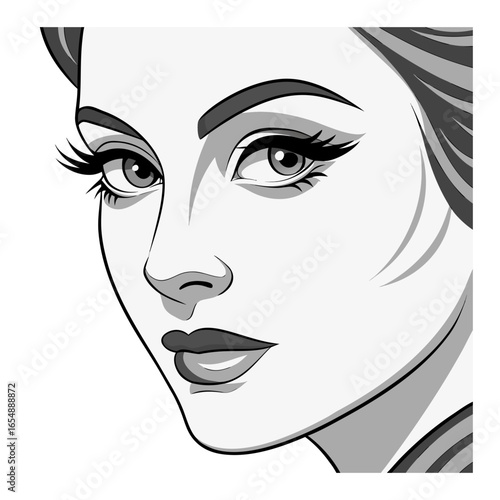 Close up black and white illustration of a woman's face with dramatic makeup portrait