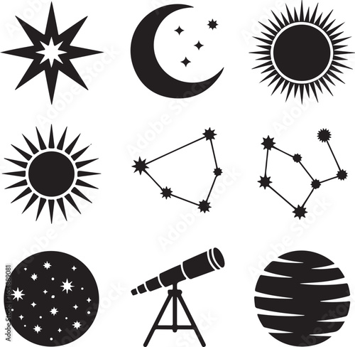 Celestial Icons Featuring Sun Moon Stars Constellations Telescope and Planet vector illustration