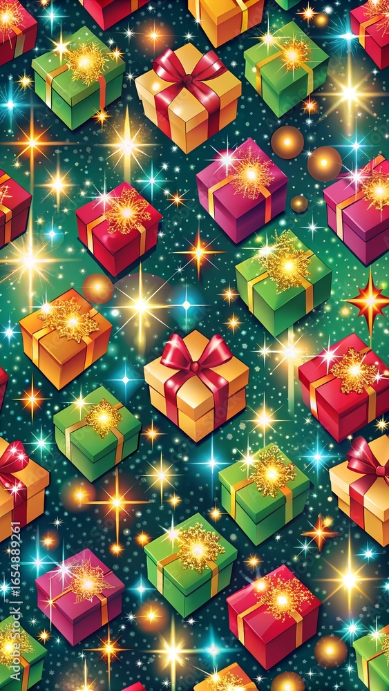 Fototapeta premium Seamless pattern of colorful christmas gift boxes with shiny bows and sparkling lights on a dark green background