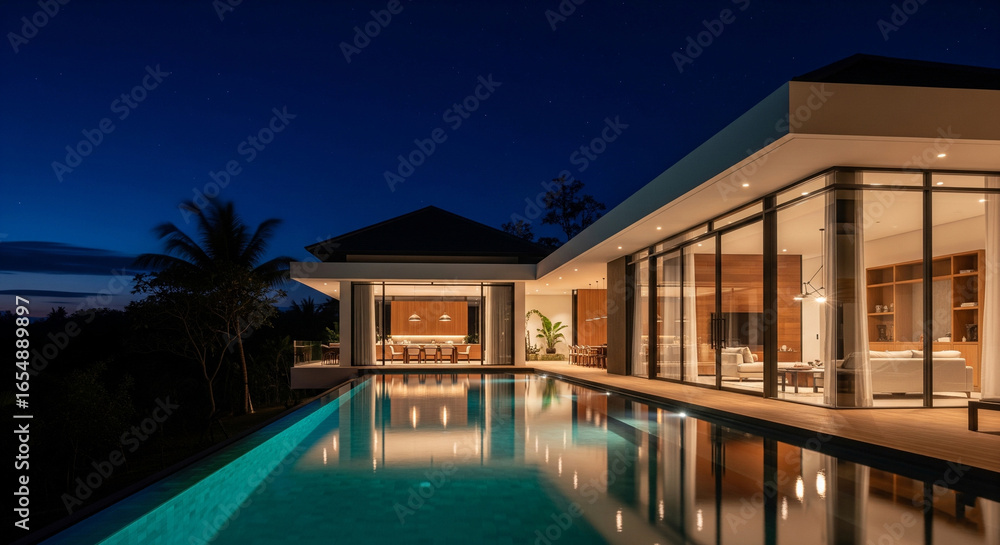 Fototapeta premium A sleek modern villa with an infinity pool reflecting the starry night sky.