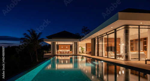 A sleek modern villa with an infinity pool reflecting the starry night sky.