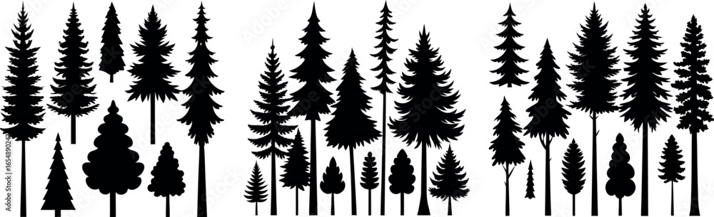 Fototapeta premium Forest of Christmas fir trees silhouette. Coniferous spruce panorama. Park of evergreen wood. Vector on white&nbsp;background