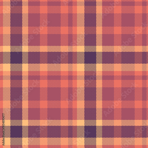 Pixelated plaid pattern in warm hues. Abstract and geometric, it evokes tradition and comfort. Ideal for backgrounds, textiles, or vintageinspired designs.